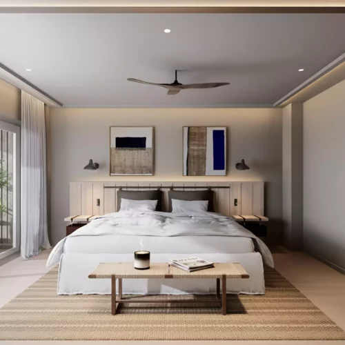 Chambre boutique moderne avec lit double, table basse, ventilateur au plafond et accès terrasse avec plantes à la Maison