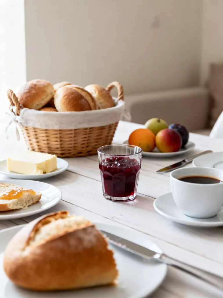 Breakfast table at Maison Talmühle boutique resort with a basket of bread rolls, jam, butter, fruit and coffee in the Black Forest