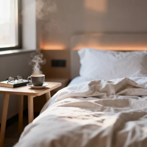 Tasse de café fumante sur une table en bois à côté d'un lit avec draps blancs dans une suite boutique spa Schwarzwald.