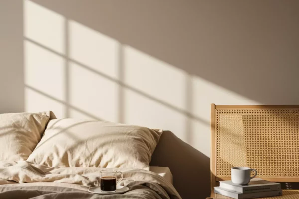 Chambre boutique avec lit beige, tasse de café sur un plateau et chaise en bois avec livres et tasse blanche au soleil.