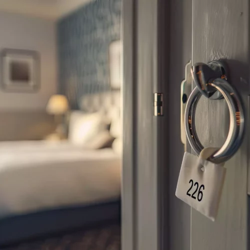 Poignée de porte avec étiquette numéro 226 menant à une suite élégante dans un resort spa du Schwarzwald.