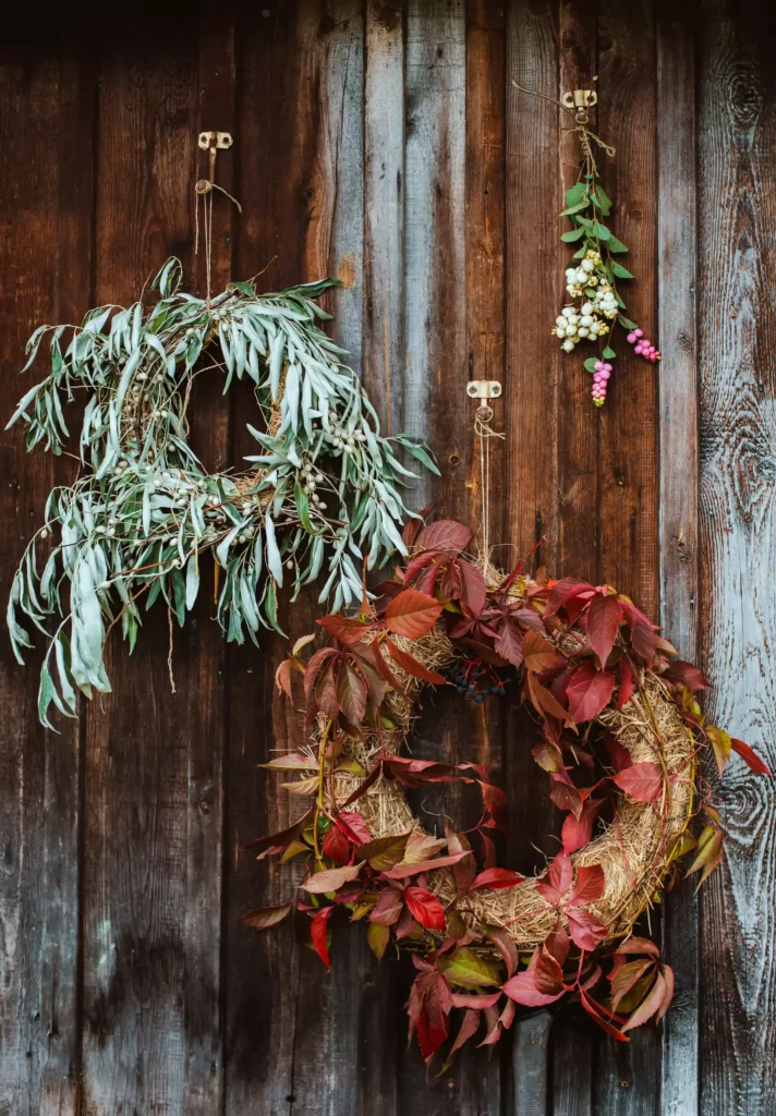 Two decorative wreaths with green and red leaves and berries hanging on a rustic wooden wall
