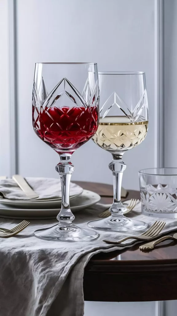 Two elegant crystal wine glasses with red and white wine on a laid table with cutlery and a cloth napkin at the boutique resort