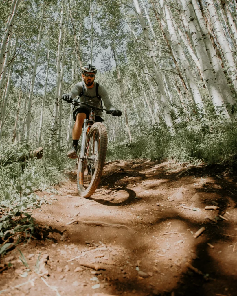 Mountain biker wearing a helmet and riding along a forest path between birch trees in the Black Forest near Maison Talmühle Resort Spa