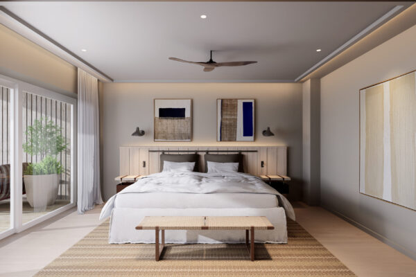 Modernes Musterzimmer mit großem Bett, Holzbank, Teppich, abstrakten Bildern und Zugang zu Terrasse in Boutique Resort